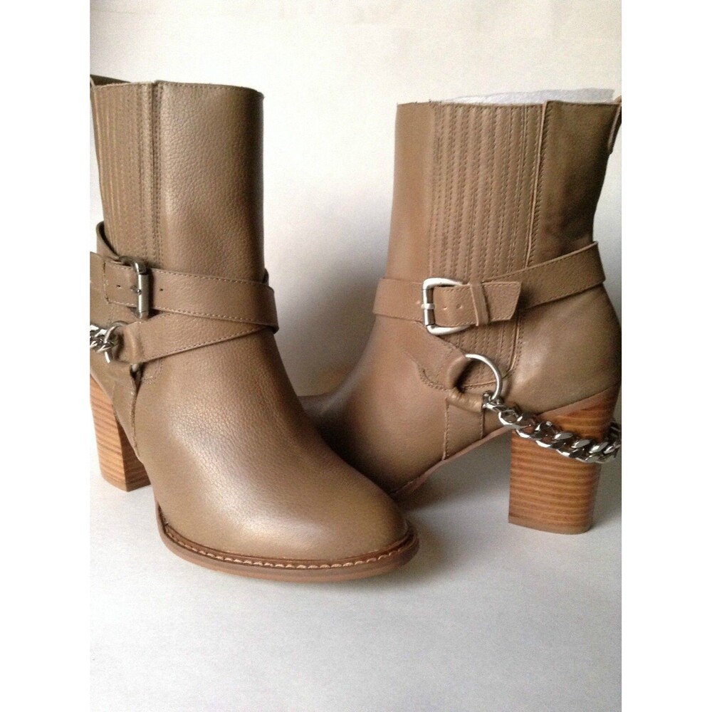 NEW ABS by Allen Schwartz Desiree Chain Detail Leather Ankle Boots, Tan